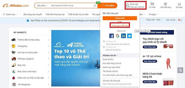 Chọn “Join Free” hoặc “Đăng ký miễn phí” để tạo TK Alibaba